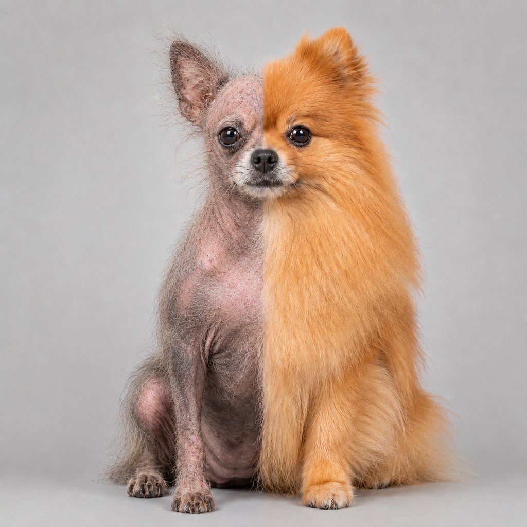 A Pomeranian shown half with alopecia hair loss and half with a full healthy coat