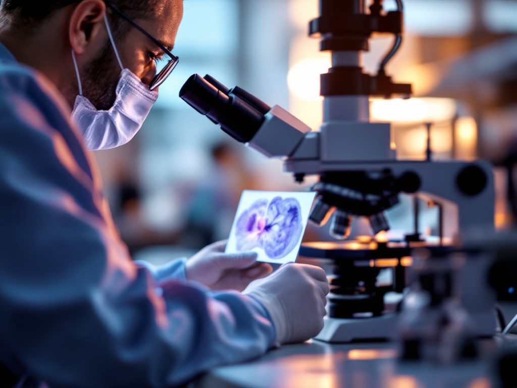 Veterinarian reviewing ear cytology under microscope at OC Pets