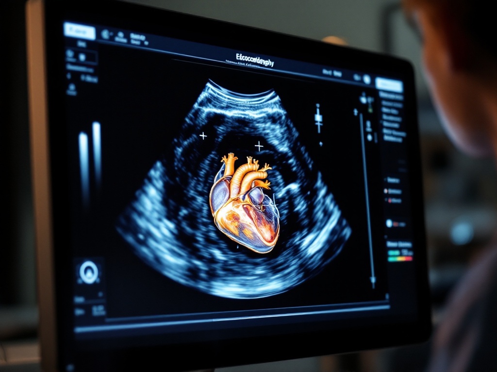 Echocardiography monitor showing dog heart chambers at OC Pets